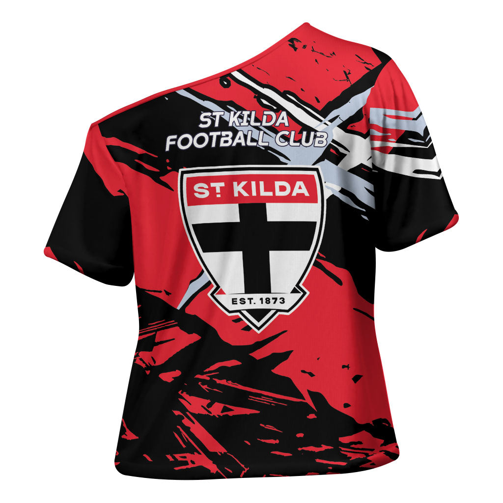 St Kilda Football Club Cross Shoulder Shirt Saints Muscular Mascot Graphic - Abstract Paint Splatter Art