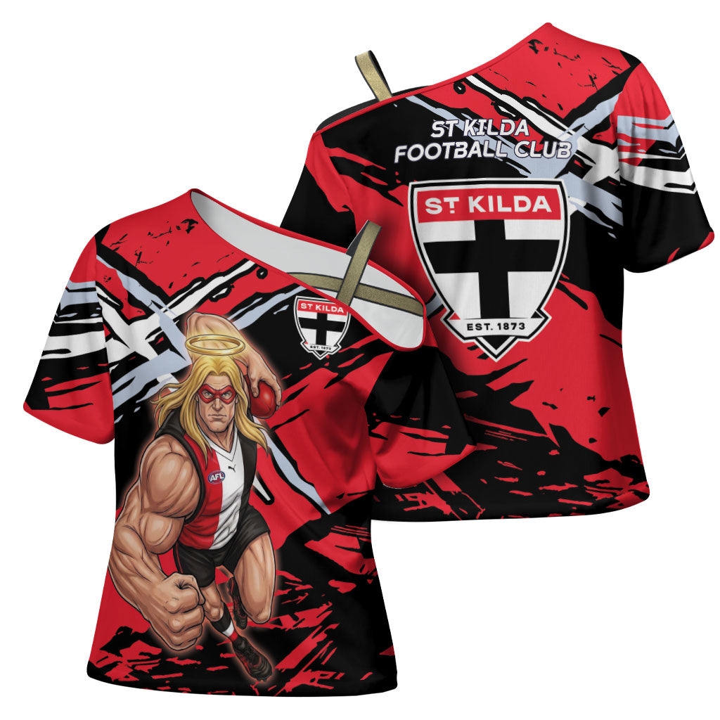 St Kilda Football Club Cross Shoulder Shirt Saints Muscular Mascot Graphic - Abstract Paint Splatter Art