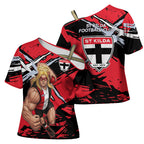 St Kilda Football Club Cross Shoulder Shirt Saints Muscular Mascot Graphic - Abstract Paint Splatter Art