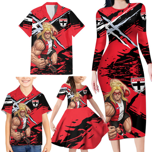 St Kilda Football Club Family Matching Long Sleeve Bodycon Dress and Hawaiian Shirt Saints Muscular Mascot Graphic - Abstract Paint Splatter Art