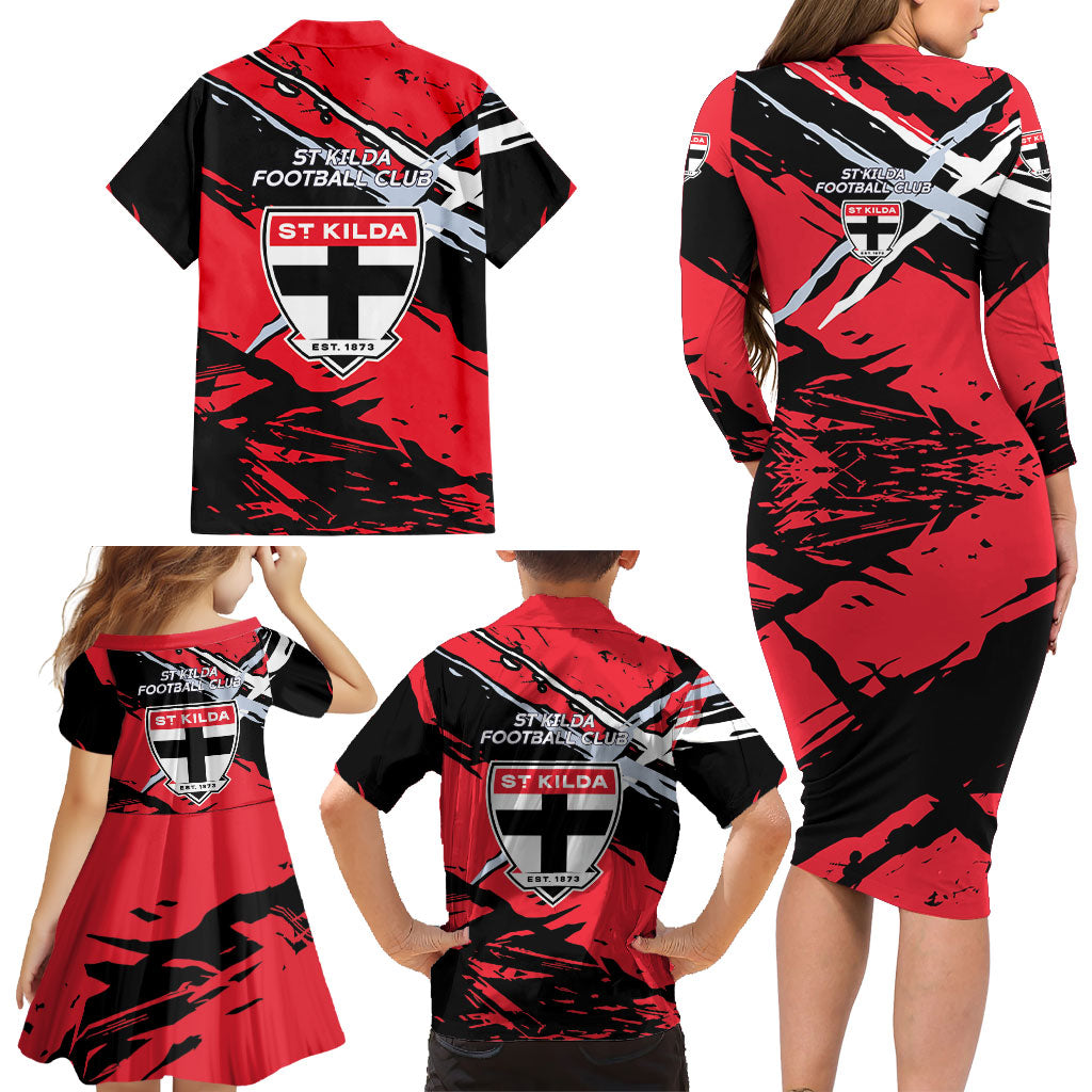 St Kilda Football Club Family Matching Long Sleeve Bodycon Dress and Hawaiian Shirt Saints Muscular Mascot Graphic - Abstract Paint Splatter Art