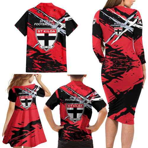 St Kilda Football Club Family Matching Long Sleeve Bodycon Dress and Hawaiian Shirt Saints Muscular Mascot Graphic - Abstract Paint Splatter Art
