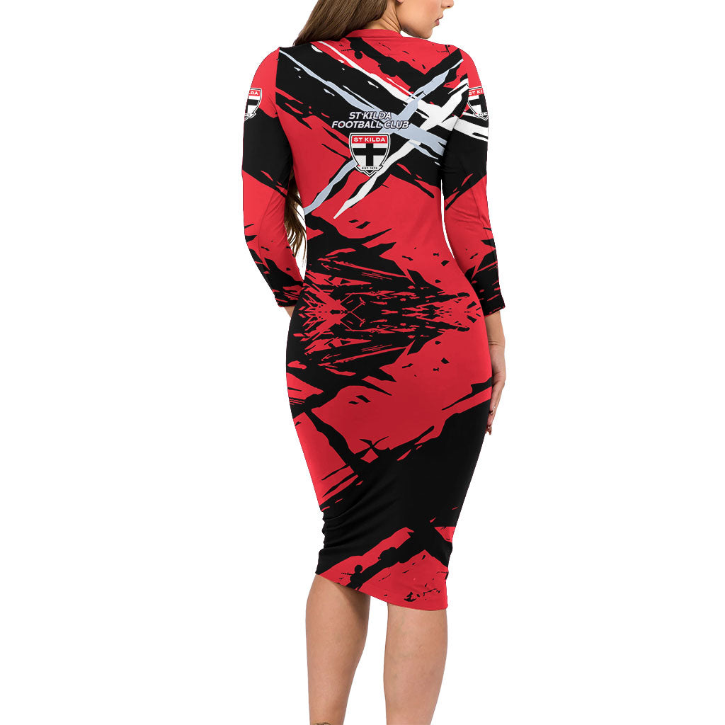 St Kilda Football Club Family Matching Long Sleeve Bodycon Dress and Hawaiian Shirt Saints Muscular Mascot Graphic - Abstract Paint Splatter Art