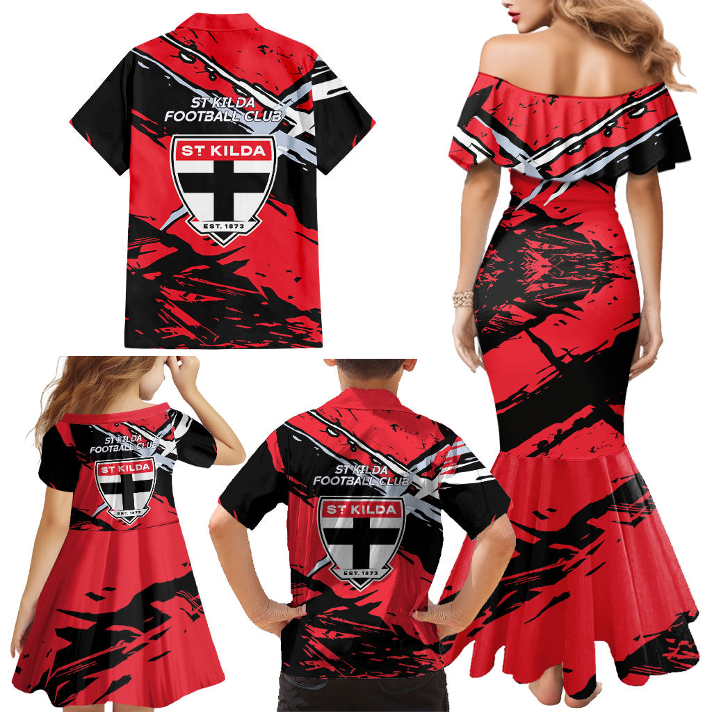 St Kilda Football Club Family Matching Mermaid Dress and Hawaiian Shirt Saints Muscular Mascot Graphic - Abstract Paint Splatter Art
