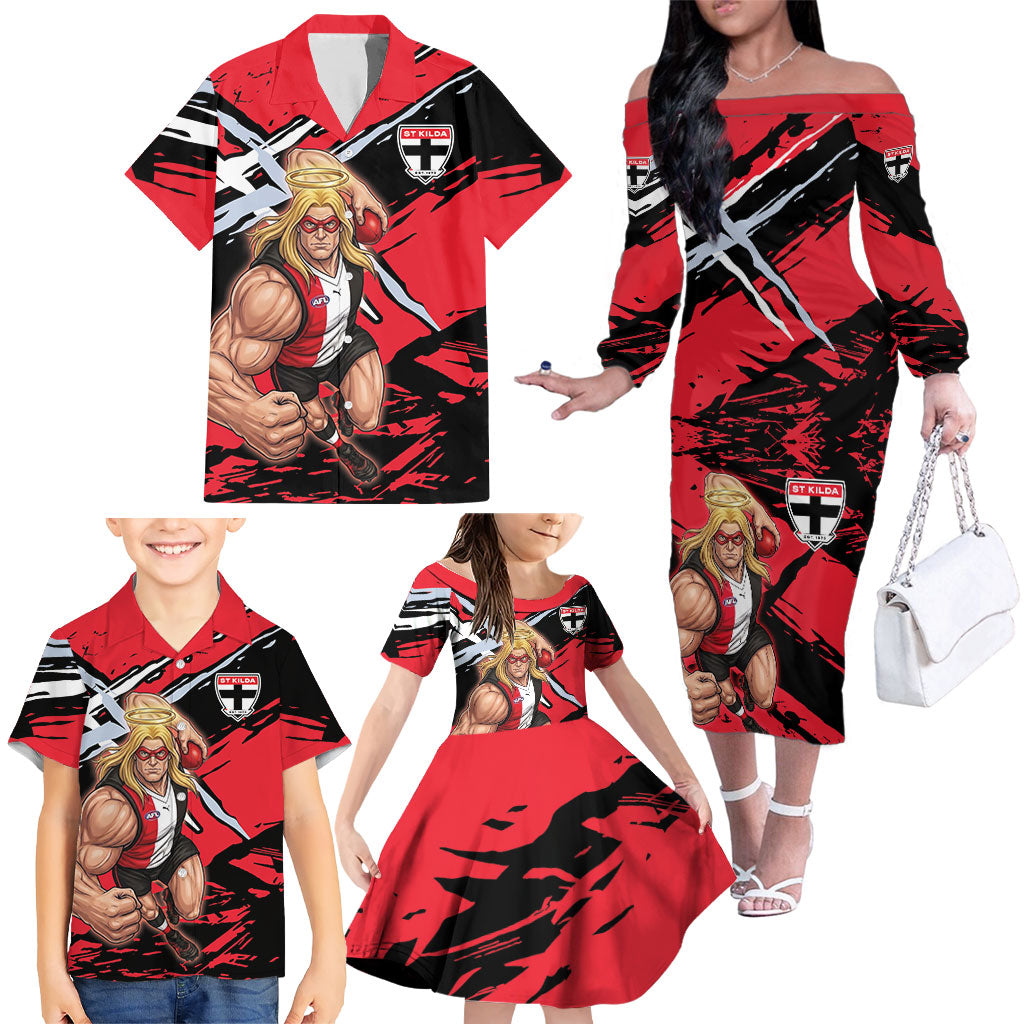 St Kilda Football Club Family Matching Off The Shoulder Long Sleeve Dress and Hawaiian Shirt Saints Muscular Mascot Graphic - Abstract Paint Splatter Art