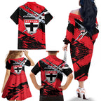 St Kilda Football Club Family Matching Off The Shoulder Long Sleeve Dress and Hawaiian Shirt Saints Muscular Mascot Graphic - Abstract Paint Splatter Art