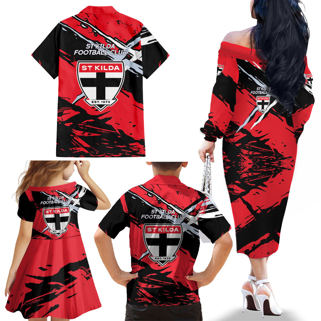 St Kilda Football Club Family Matching Off The Shoulder Long Sleeve Dress and Hawaiian Shirt Saints Muscular Mascot Graphic - Abstract Paint Splatter Art