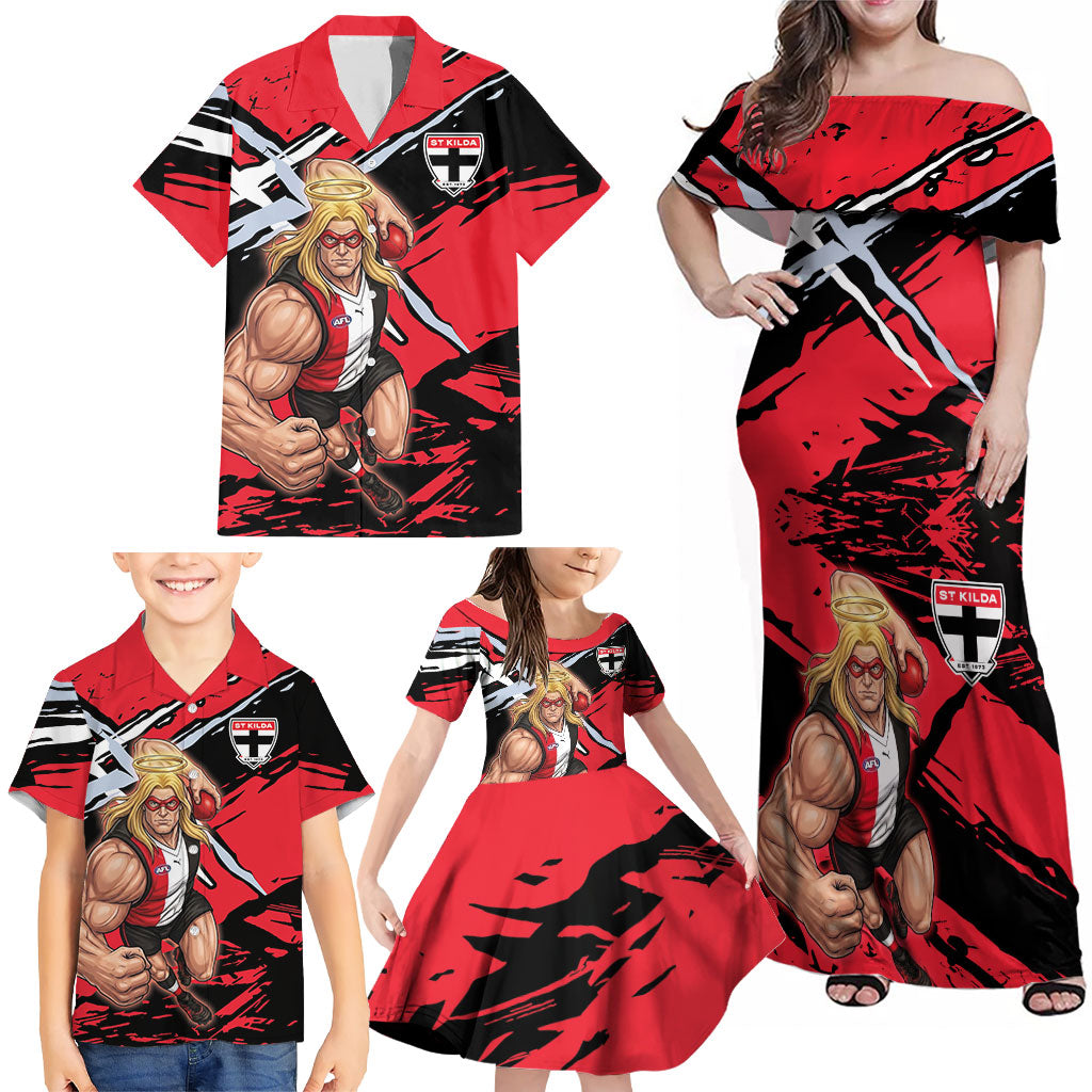 St Kilda Football Club Family Matching Off Shoulder Maxi Dress and Hawaiian Shirt Saints Muscular Mascot Graphic - Abstract Paint Splatter Art