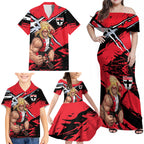 St Kilda Football Club Family Matching Off Shoulder Maxi Dress and Hawaiian Shirt Saints Muscular Mascot Graphic - Abstract Paint Splatter Art