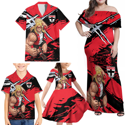 St Kilda Football Club Family Matching Off Shoulder Maxi Dress and Hawaiian Shirt Saints Muscular Mascot Graphic - Abstract Paint Splatter Art
