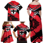 St Kilda Football Club Family Matching Off Shoulder Maxi Dress and Hawaiian Shirt Saints Muscular Mascot Graphic - Abstract Paint Splatter Art