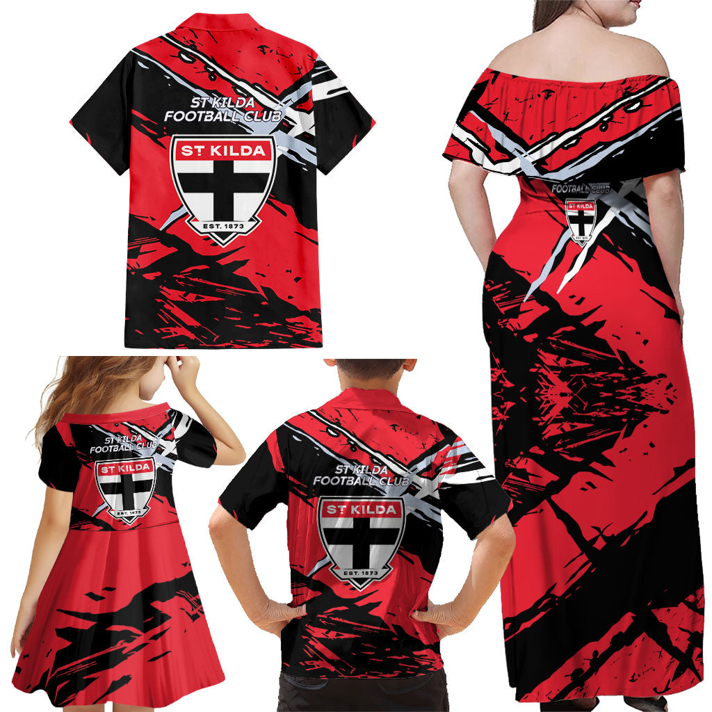 St Kilda Football Club Family Matching Off Shoulder Maxi Dress and Hawaiian Shirt Saints Muscular Mascot Graphic - Abstract Paint Splatter Art
