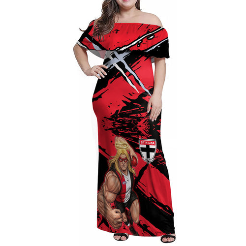 St Kilda Football Club Family Matching Off Shoulder Maxi Dress and Hawaiian Shirt Saints Muscular Mascot Graphic - Abstract Paint Splatter Art