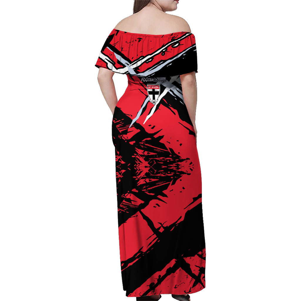 St Kilda Football Club Family Matching Off Shoulder Maxi Dress and Hawaiian Shirt Saints Muscular Mascot Graphic - Abstract Paint Splatter Art