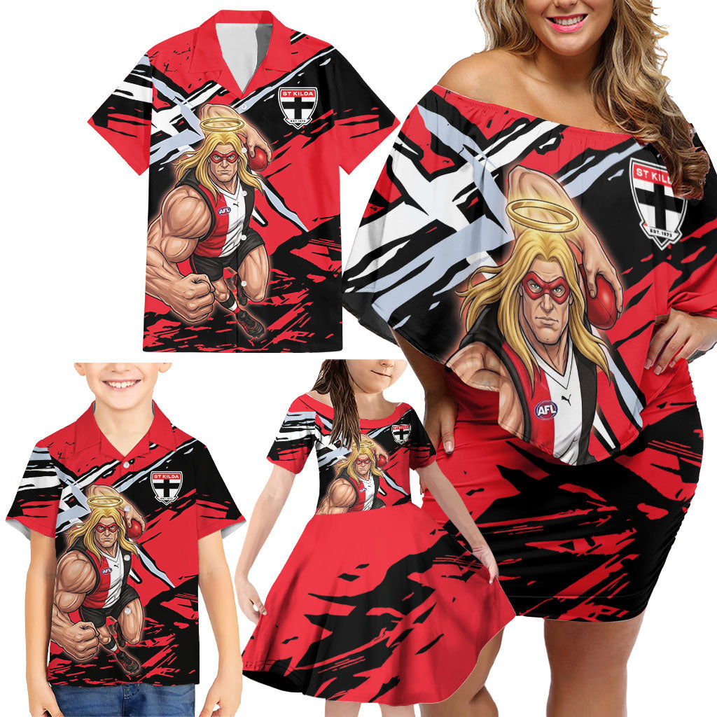 St Kilda Football Club Family Matching Off Shoulder Short Dress and Hawaiian Shirt Saints Muscular Mascot Graphic - Abstract Paint Splatter Art