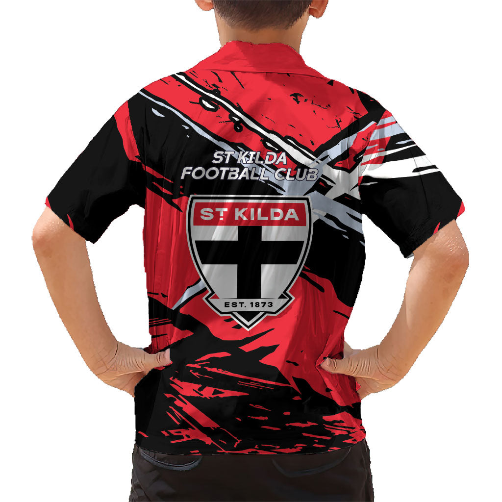 St Kilda Football Club Family Matching Off Shoulder Short Dress and Hawaiian Shirt Saints Muscular Mascot Graphic - Abstract Paint Splatter Art