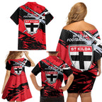 St Kilda Football Club Family Matching Off Shoulder Short Dress and Hawaiian Shirt Saints Muscular Mascot Graphic - Abstract Paint Splatter Art