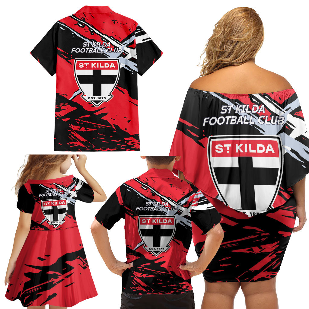 St Kilda Football Club Family Matching Off Shoulder Short Dress and Hawaiian Shirt Saints Muscular Mascot Graphic - Abstract Paint Splatter Art