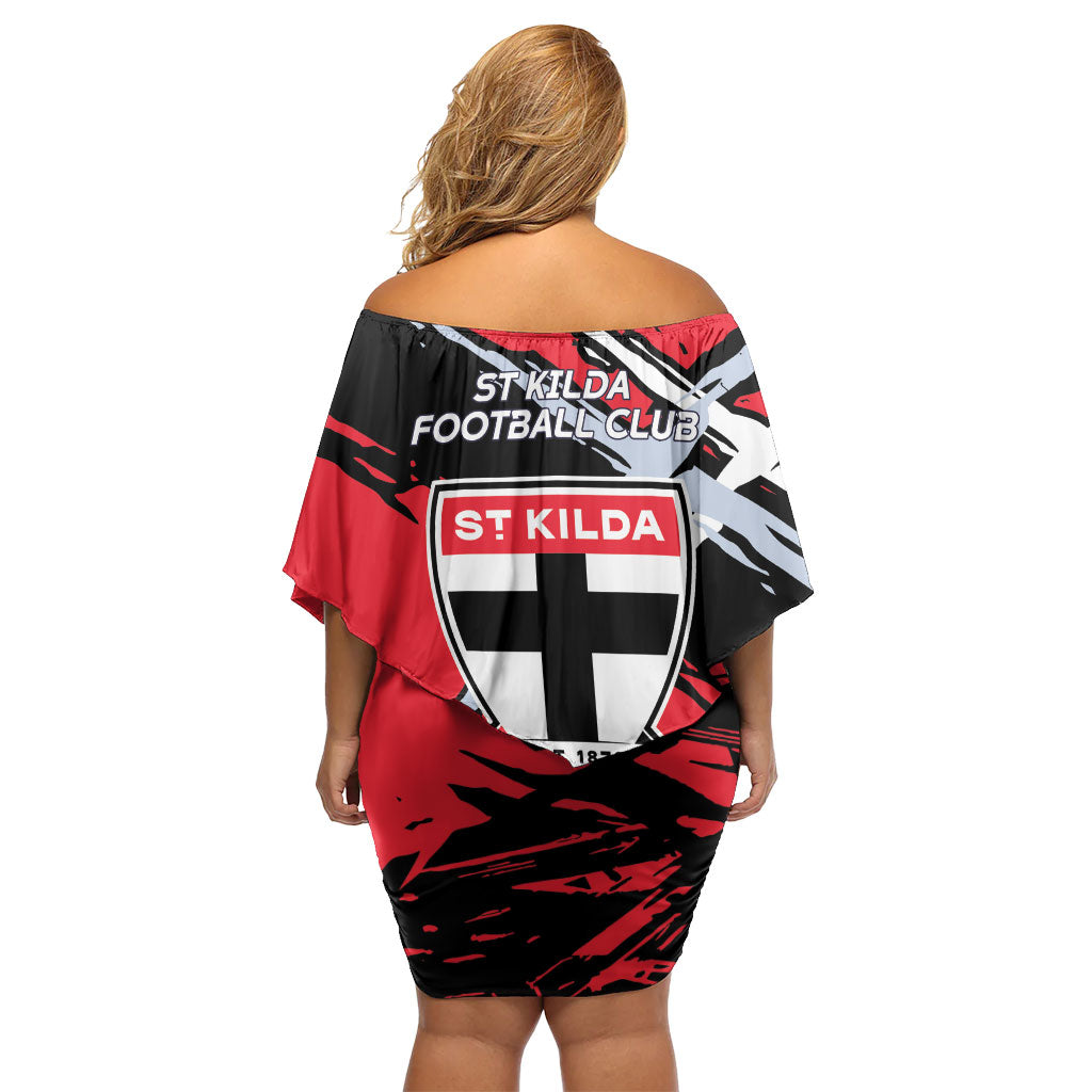 St Kilda Football Club Family Matching Off Shoulder Short Dress and Hawaiian Shirt Saints Muscular Mascot Graphic - Abstract Paint Splatter Art