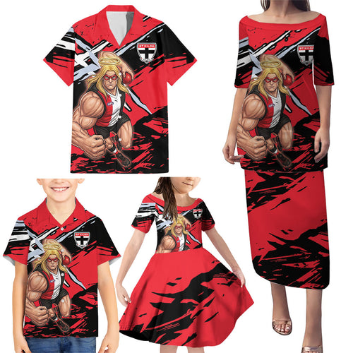 St Kilda Football Club Family Matching Puletasi and Hawaiian Shirt Saints Muscular Mascot Graphic - Abstract Paint Splatter Art