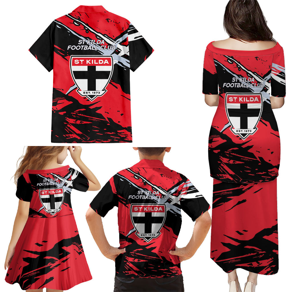 St Kilda Football Club Family Matching Puletasi and Hawaiian Shirt Saints Muscular Mascot Graphic - Abstract Paint Splatter Art