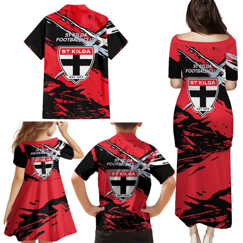 St Kilda Football Club Family Matching Puletasi and Hawaiian Shirt Saints Muscular Mascot Graphic - Abstract Paint Splatter Art