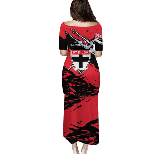 St Kilda Football Club Family Matching Puletasi and Hawaiian Shirt Saints Muscular Mascot Graphic - Abstract Paint Splatter Art