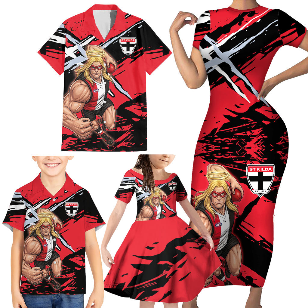 St Kilda Football Club Family Matching Short Sleeve Bodycon Dress and Hawaiian Shirt Saints Muscular Mascot Graphic - Abstract Paint Splatter Art