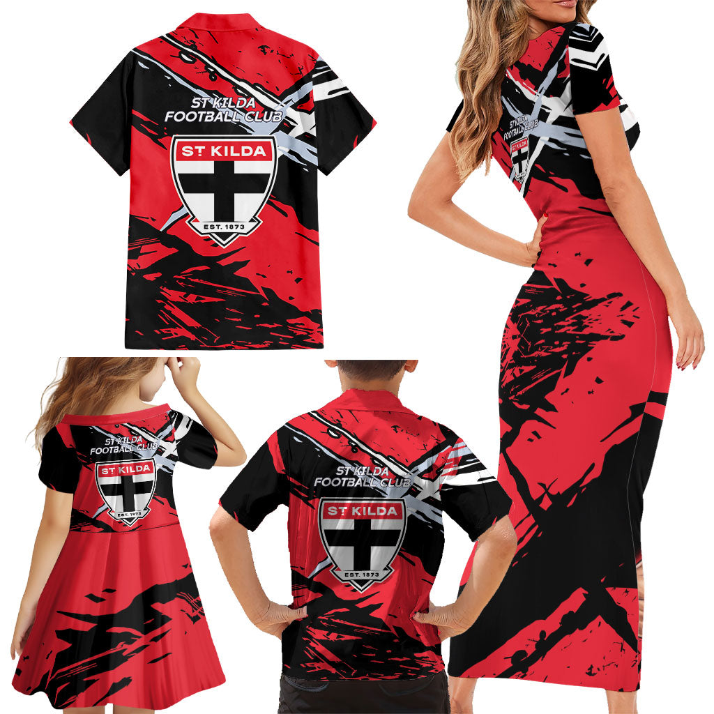 St Kilda Football Club Family Matching Short Sleeve Bodycon Dress and Hawaiian Shirt Saints Muscular Mascot Graphic - Abstract Paint Splatter Art