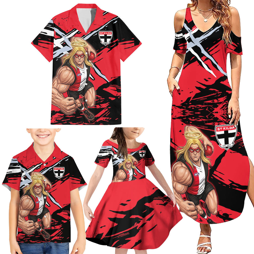 St Kilda Football Club Family Matching Summer Maxi Dress and Hawaiian Shirt Saints Muscular Mascot Graphic - Abstract Paint Splatter Art