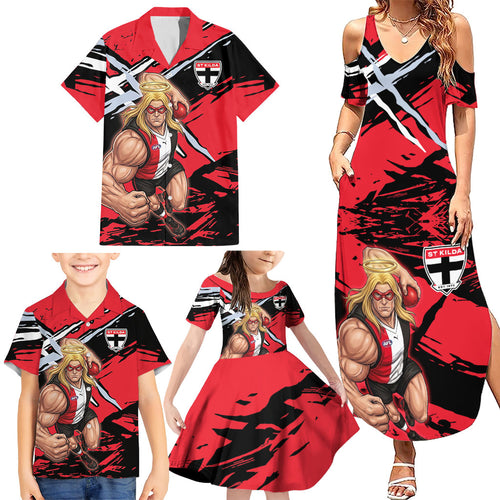 St Kilda Football Club Family Matching Summer Maxi Dress and Hawaiian Shirt Saints Muscular Mascot Graphic - Abstract Paint Splatter Art