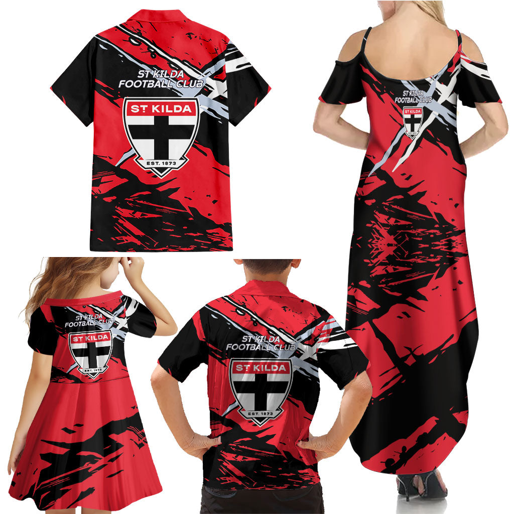 St Kilda Football Club Family Matching Summer Maxi Dress and Hawaiian Shirt Saints Muscular Mascot Graphic - Abstract Paint Splatter Art