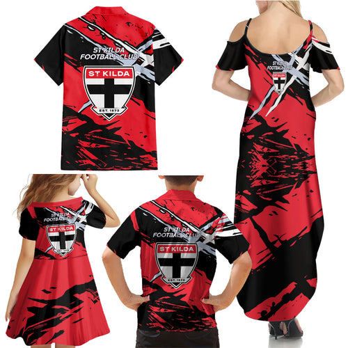 St Kilda Football Club Family Matching Summer Maxi Dress and Hawaiian Shirt Saints Muscular Mascot Graphic - Abstract Paint Splatter Art