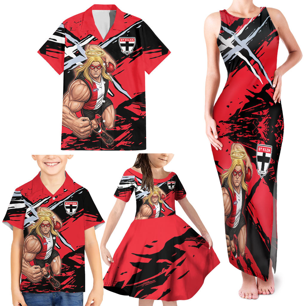 St Kilda Football Club Family Matching Tank Maxi Dress and Hawaiian Shirt Saints Muscular Mascot Graphic - Abstract Paint Splatter Art