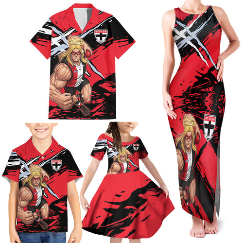 St Kilda Football Club Family Matching Tank Maxi Dress and Hawaiian Shirt Saints Muscular Mascot Graphic - Abstract Paint Splatter Art