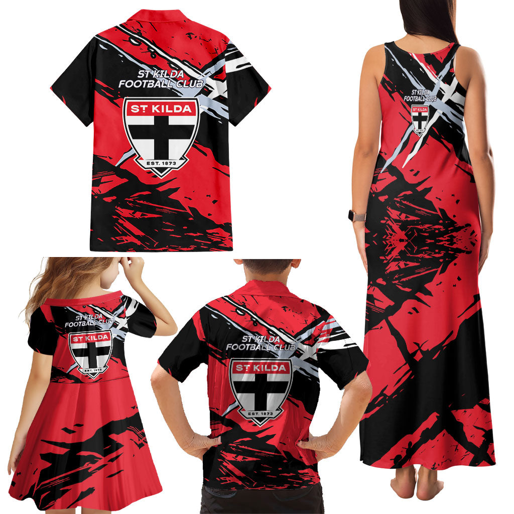 St Kilda Football Club Family Matching Tank Maxi Dress and Hawaiian Shirt Saints Muscular Mascot Graphic - Abstract Paint Splatter Art