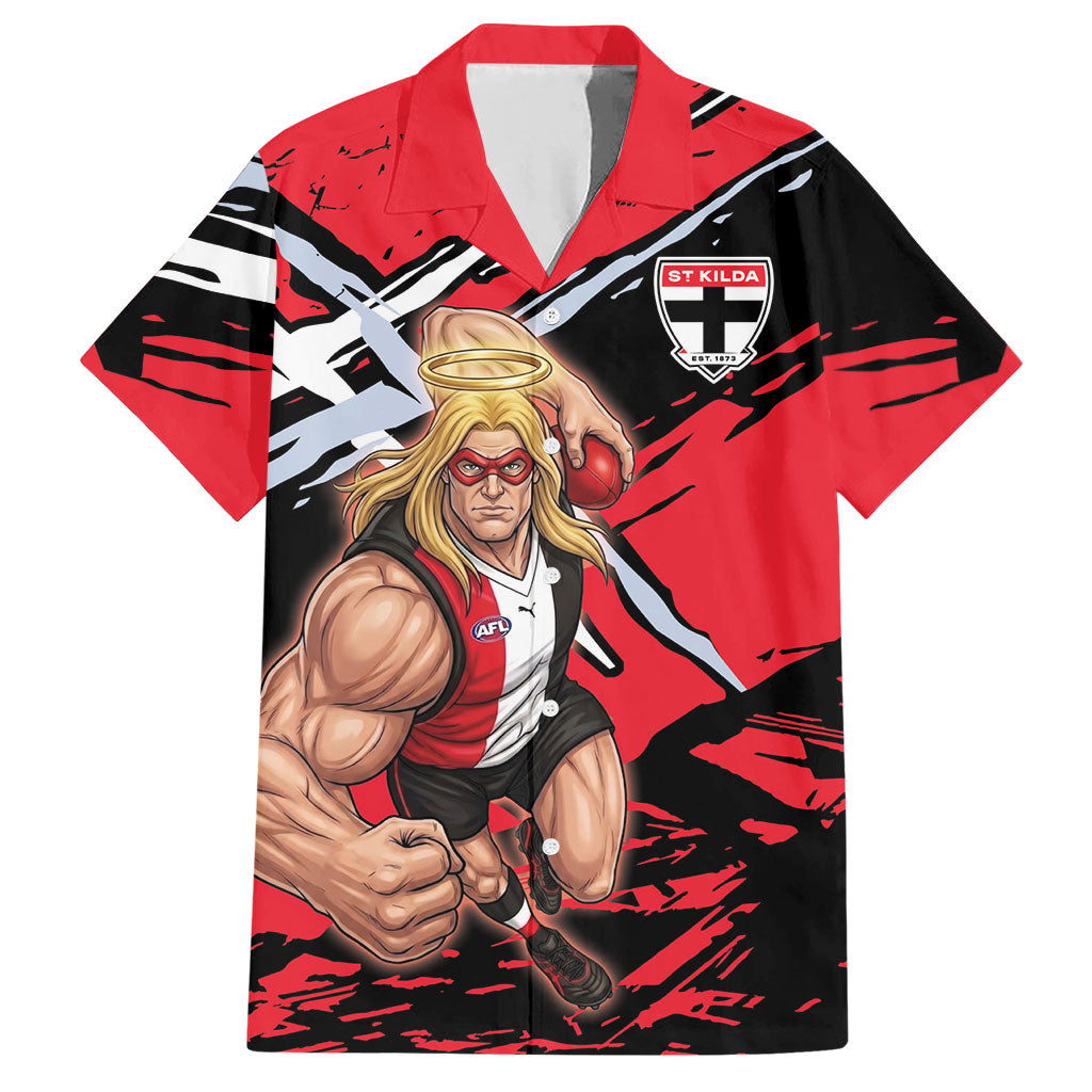 St Kilda Football Club Hawaiian Shirt Saints Muscular Mascot Graphic - Abstract Paint Splatter Art