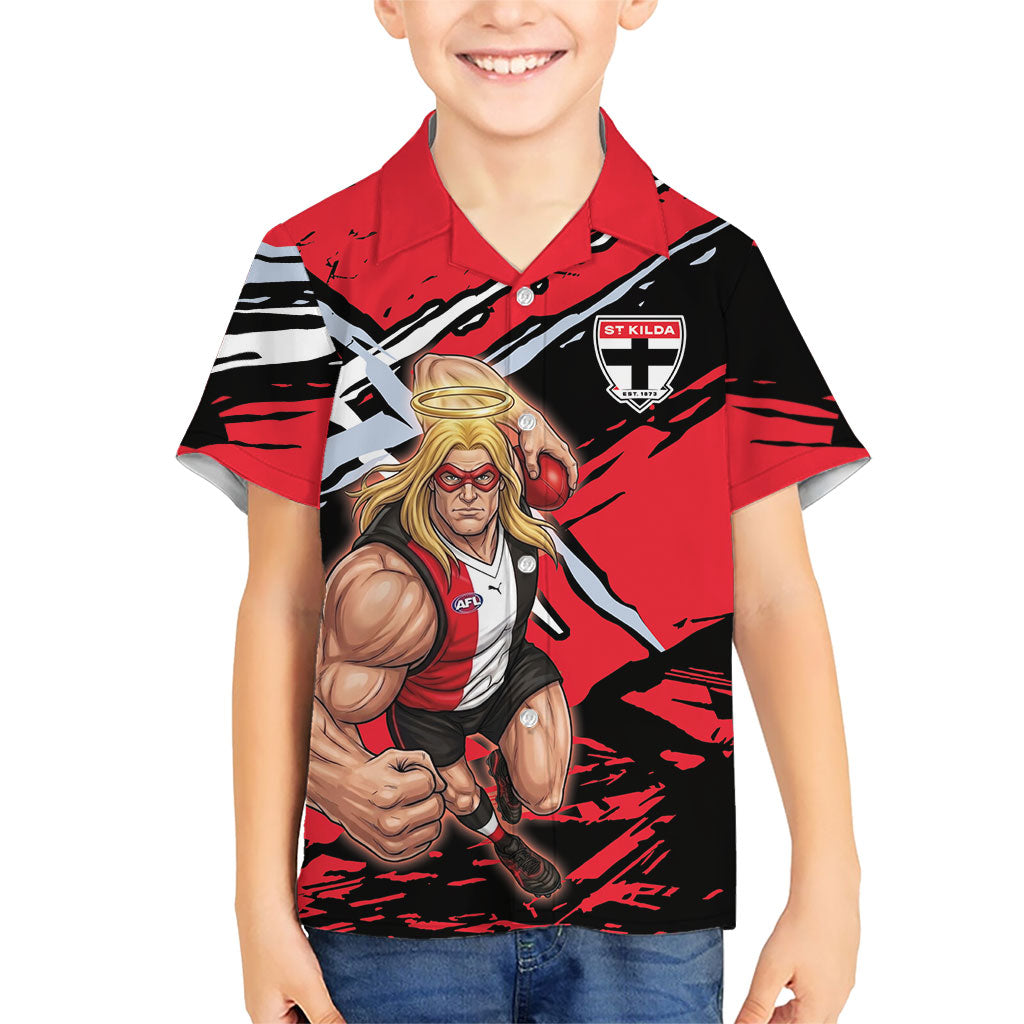 St Kilda Football Club Hawaiian Shirt Saints Muscular Mascot Graphic - Abstract Paint Splatter Art