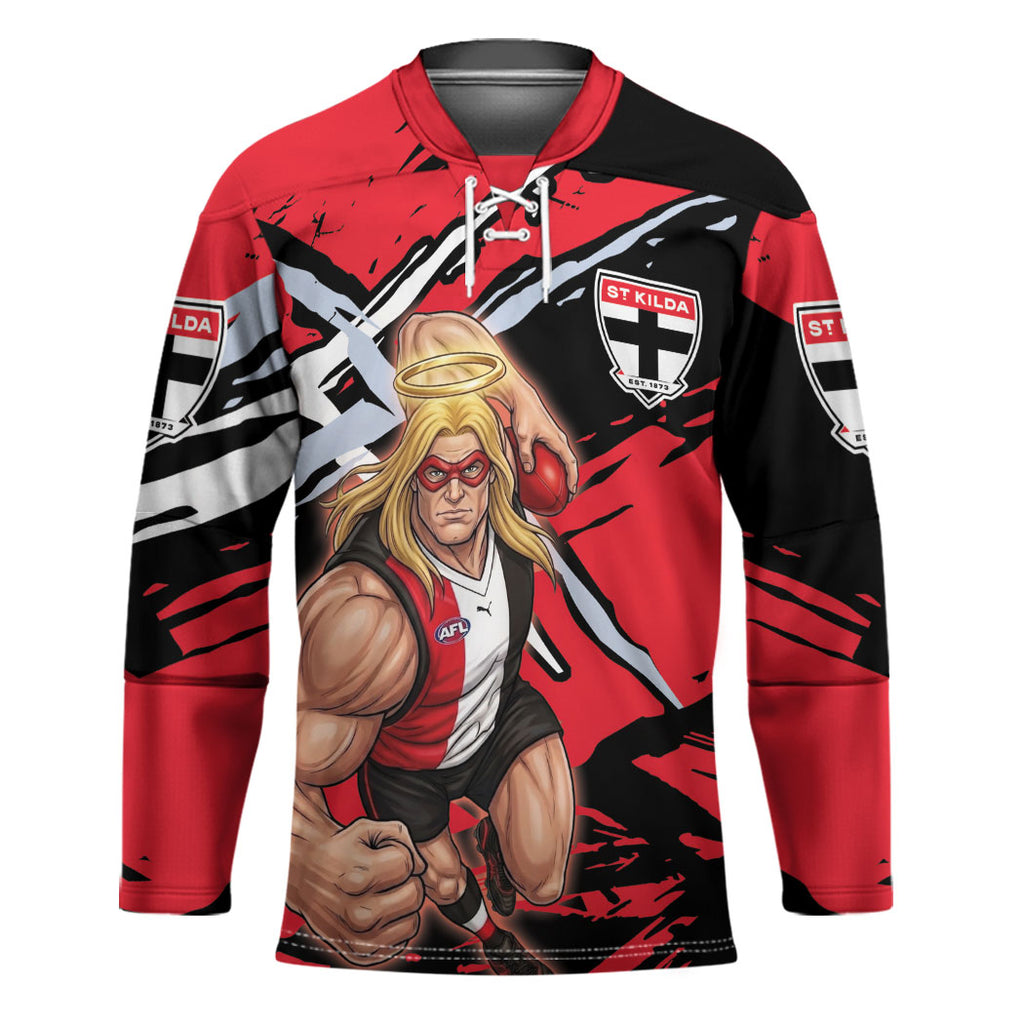 St Kilda Football Club Hockey Jersey Saints Muscular Mascot Graphic - Abstract Paint Splatter Art