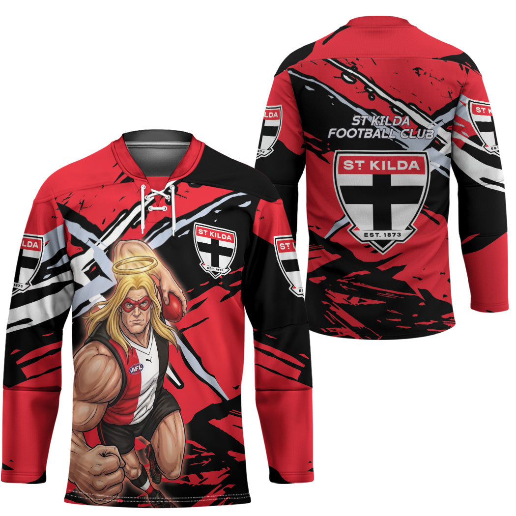 St Kilda Football Club Hockey Jersey Saints Muscular Mascot Graphic - Abstract Paint Splatter Art