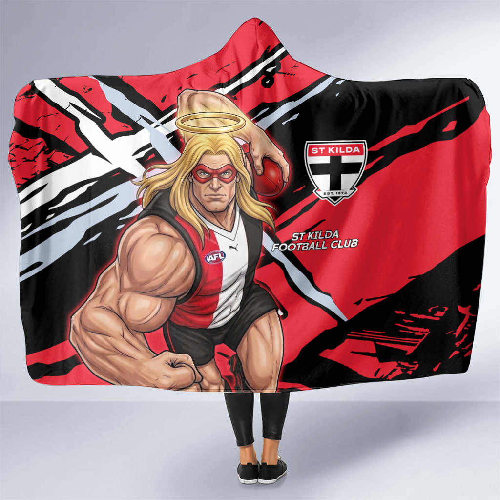 St Kilda Football Club Hooded Blanket Saints Muscular Mascot Graphic - Abstract Paint Splatter Art
