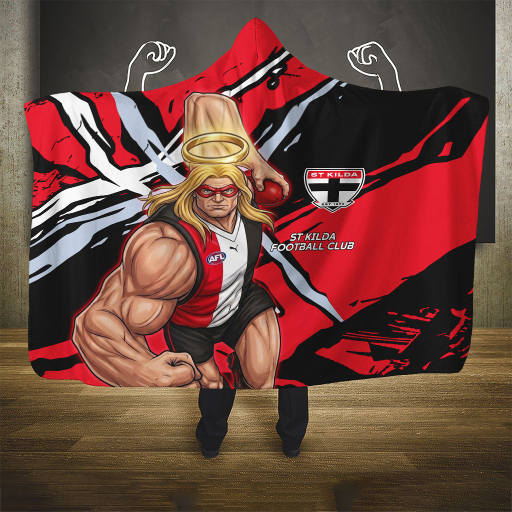 St Kilda Football Club Hooded Blanket Saints Muscular Mascot Graphic - Abstract Paint Splatter Art
