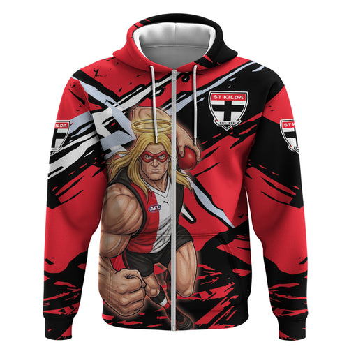St Kilda Football Club Hoodie Saints Muscular Mascot Graphic - Abstract Paint Splatter Art