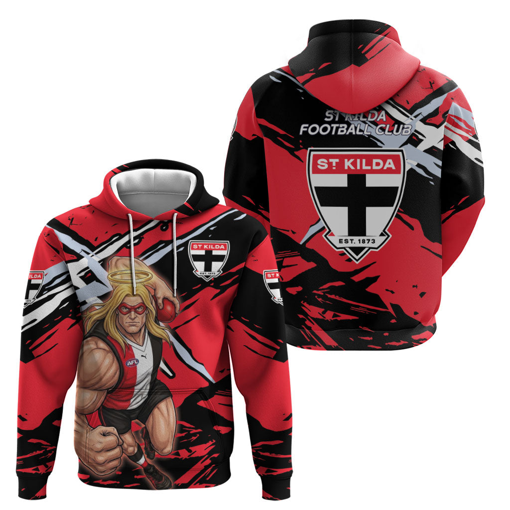 St Kilda Football Club Hoodie Saints Muscular Mascot Graphic - Abstract Paint Splatter Art