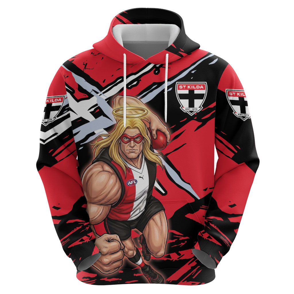 St Kilda Football Club Hoodie Saints Muscular Mascot Graphic - Abstract Paint Splatter Art