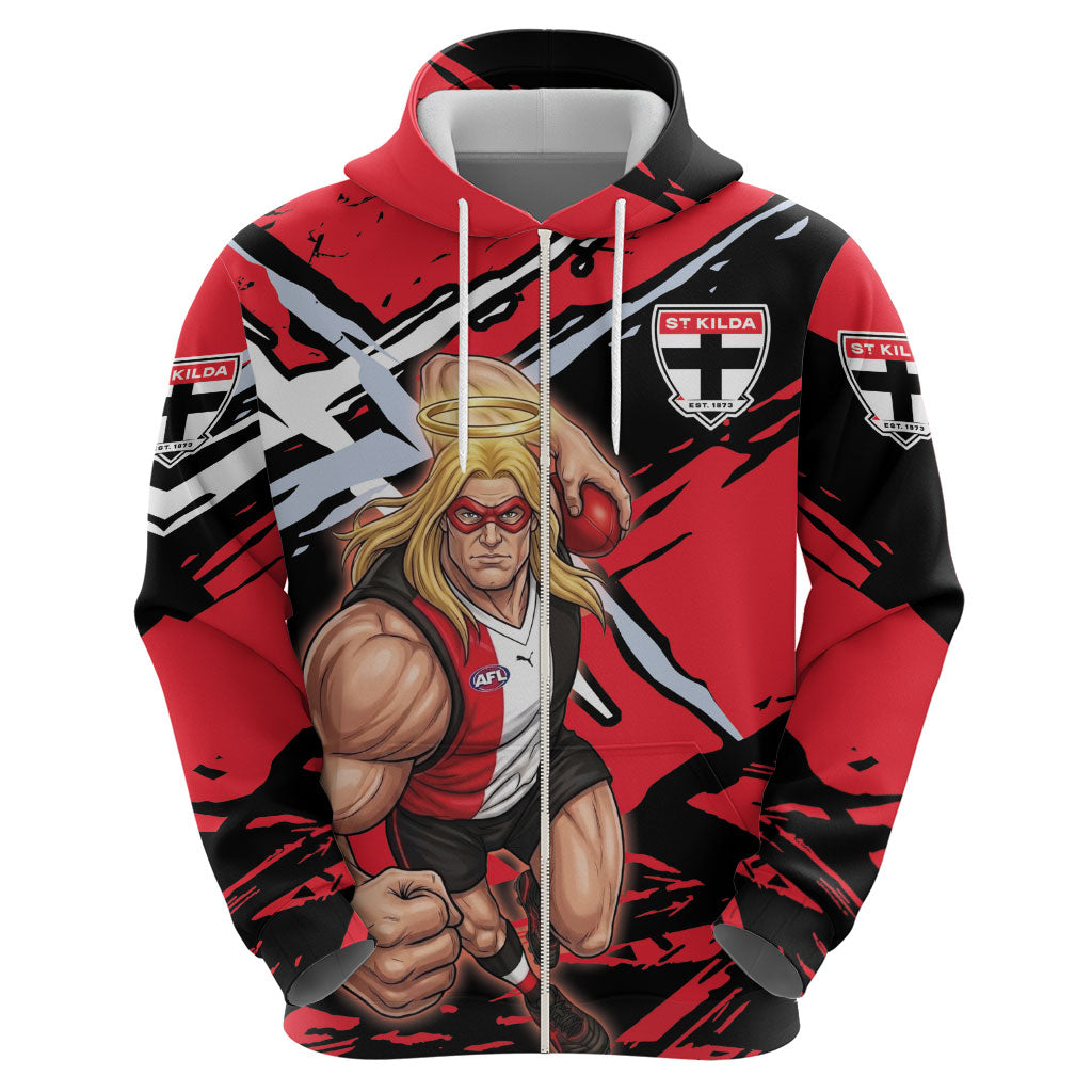 St Kilda Football Club Hoodie Saints Muscular Mascot Graphic - Abstract Paint Splatter Art