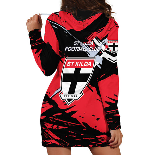 St Kilda Football Club Hoodie Dress Saints Muscular Mascot Graphic - Abstract Paint Splatter Art