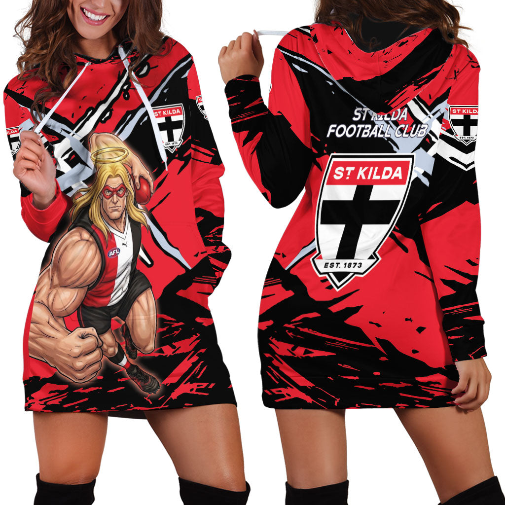 St Kilda Football Club Hoodie Dress Saints Muscular Mascot Graphic - Abstract Paint Splatter Art