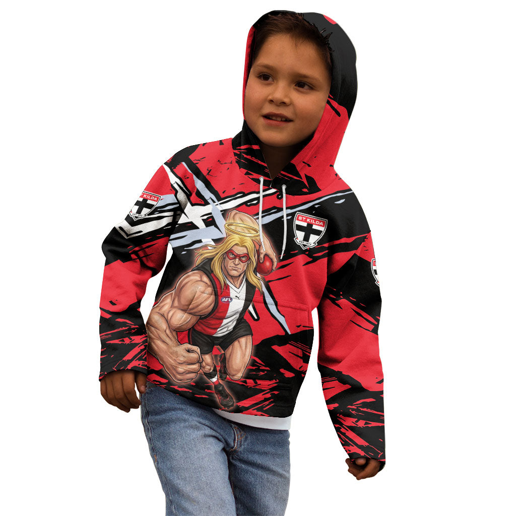 St Kilda Football Club Kid Hoodie Saints Muscular Mascot Graphic - Abstract Paint Splatter Art