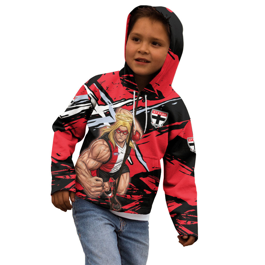 St Kilda Football Club Kid Hoodie Saints Muscular Mascot Graphic - Abstract Paint Splatter Art